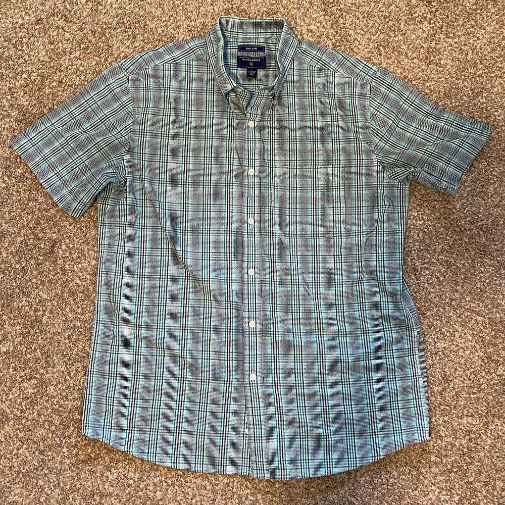 Saddlebred Easy Care Pinstripe Plaid Short Sleeve Button Down Mens Shirt Size L